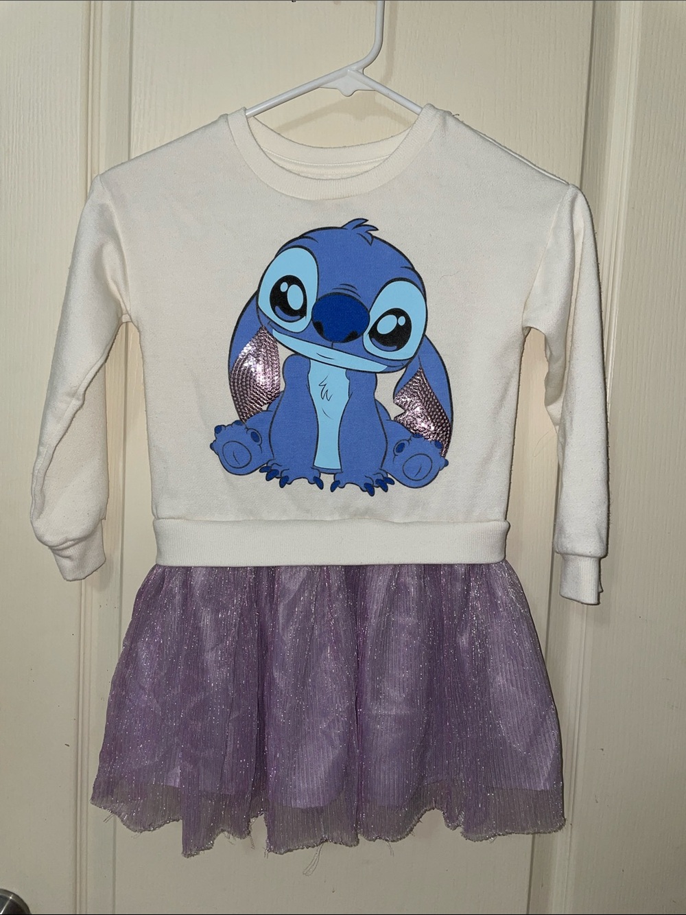 Girls White Sweatshirt Dress with Blue Stitch Graphic and Lavender Tulle Skirt